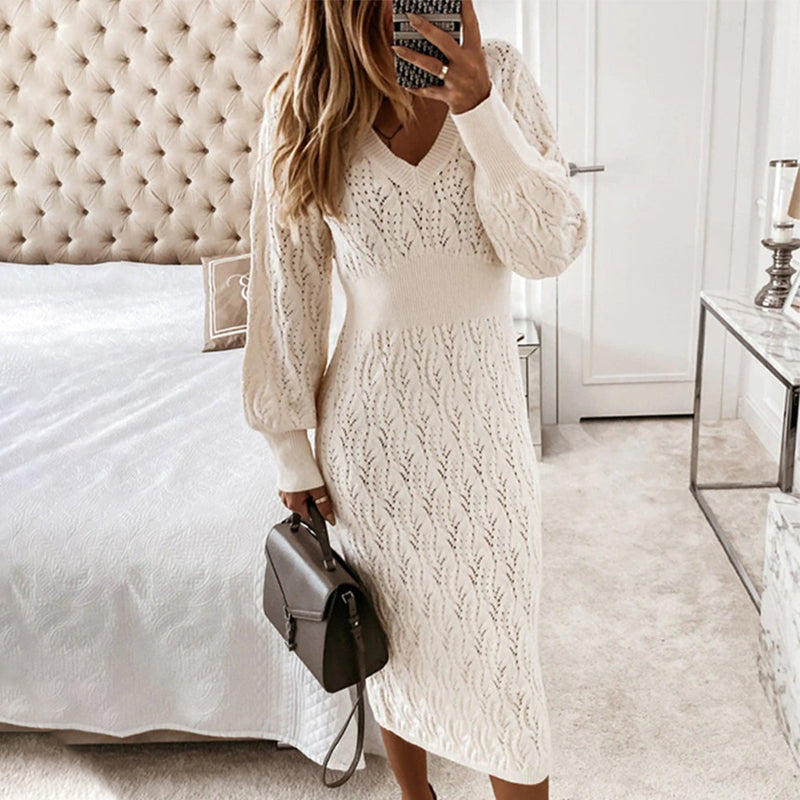 Flattering Hollow Out Knitted Long Sleeve Sweater Dresses 0