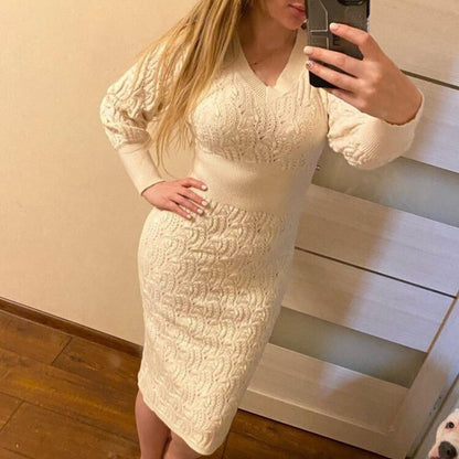 Flattering Hollow Out Knitted Long Sleeve Sweater Dresses 2