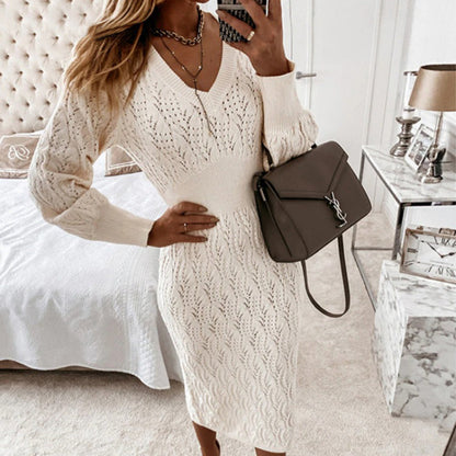 Flattering Hollow Out Knitted Long Sleeve Sweater Dresses 3