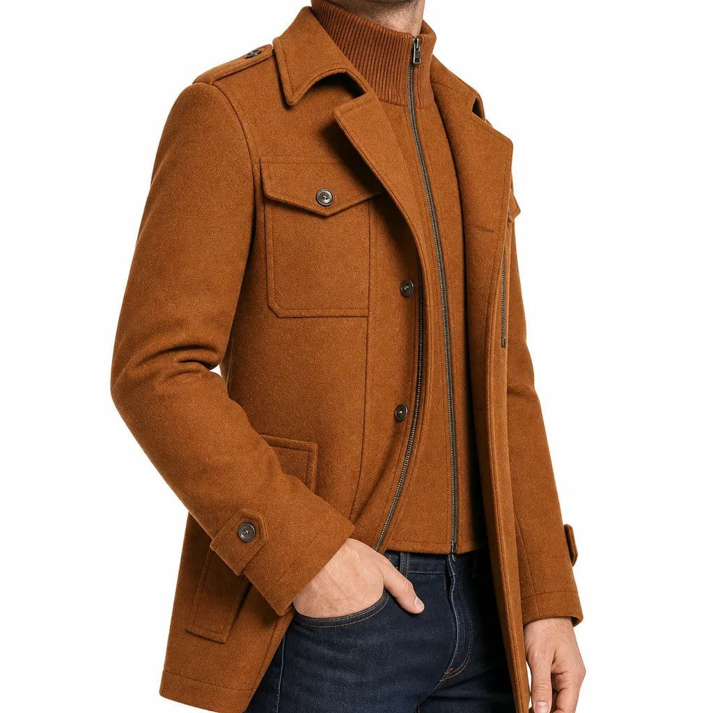 Men's Double-Collar Tailored Overcoat – collar detail | Hensley London