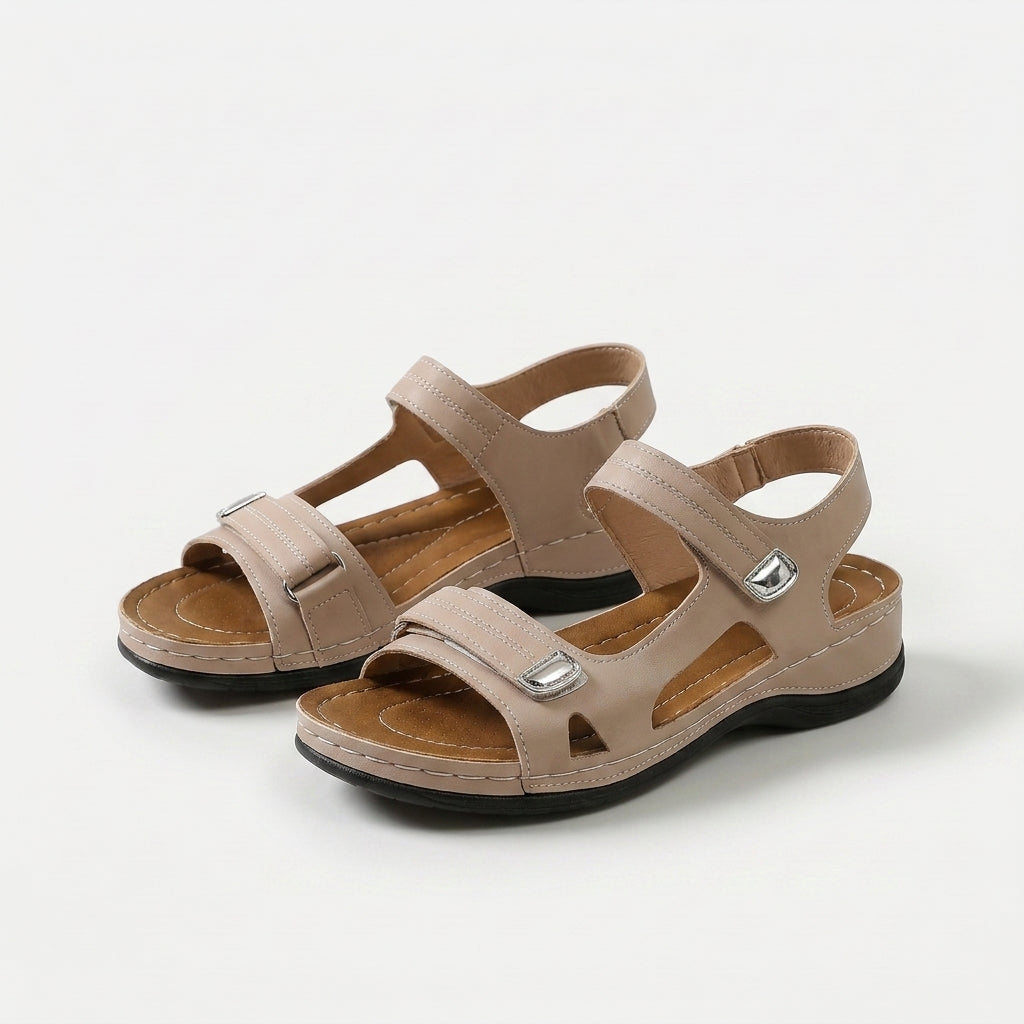 Women's Adjustable Strap Comfort Sandals in Beige – close-up view | Hensley London