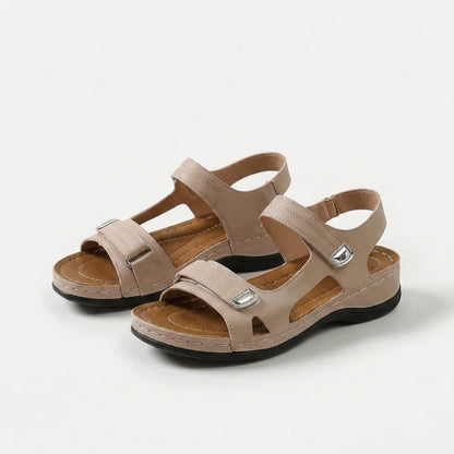 Women's Adjustable Strap Comfort Sandals in Beige – close-up view | Hensley London