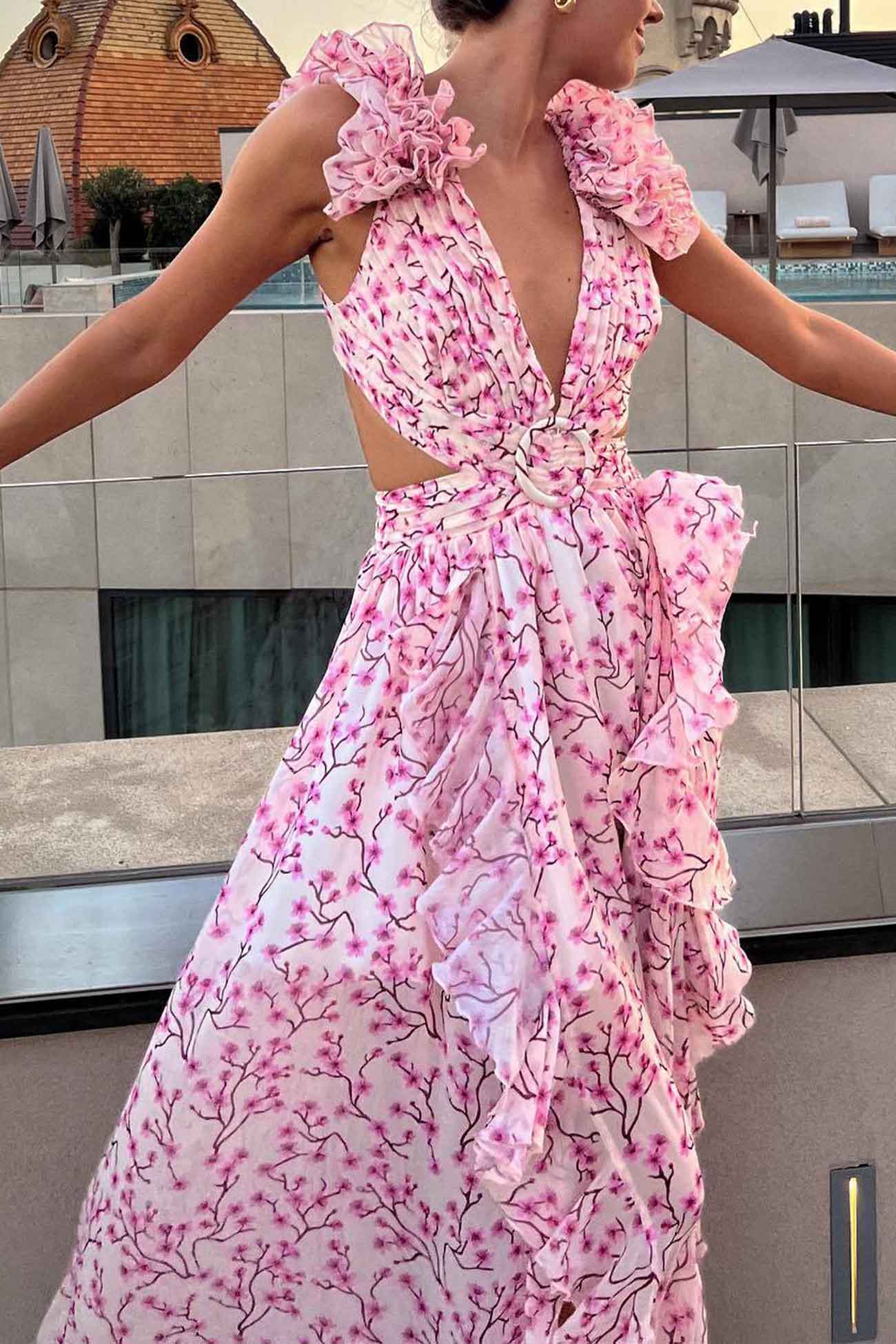 Women's Maxi Dress Pink Size M Rayon Blend Floral Ruffle-3
