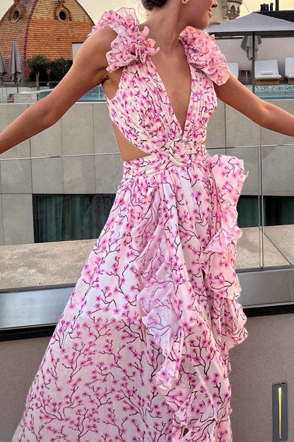 Women's Maxi Dress Pink Size M Rayon Blend Floral Ruffle-3