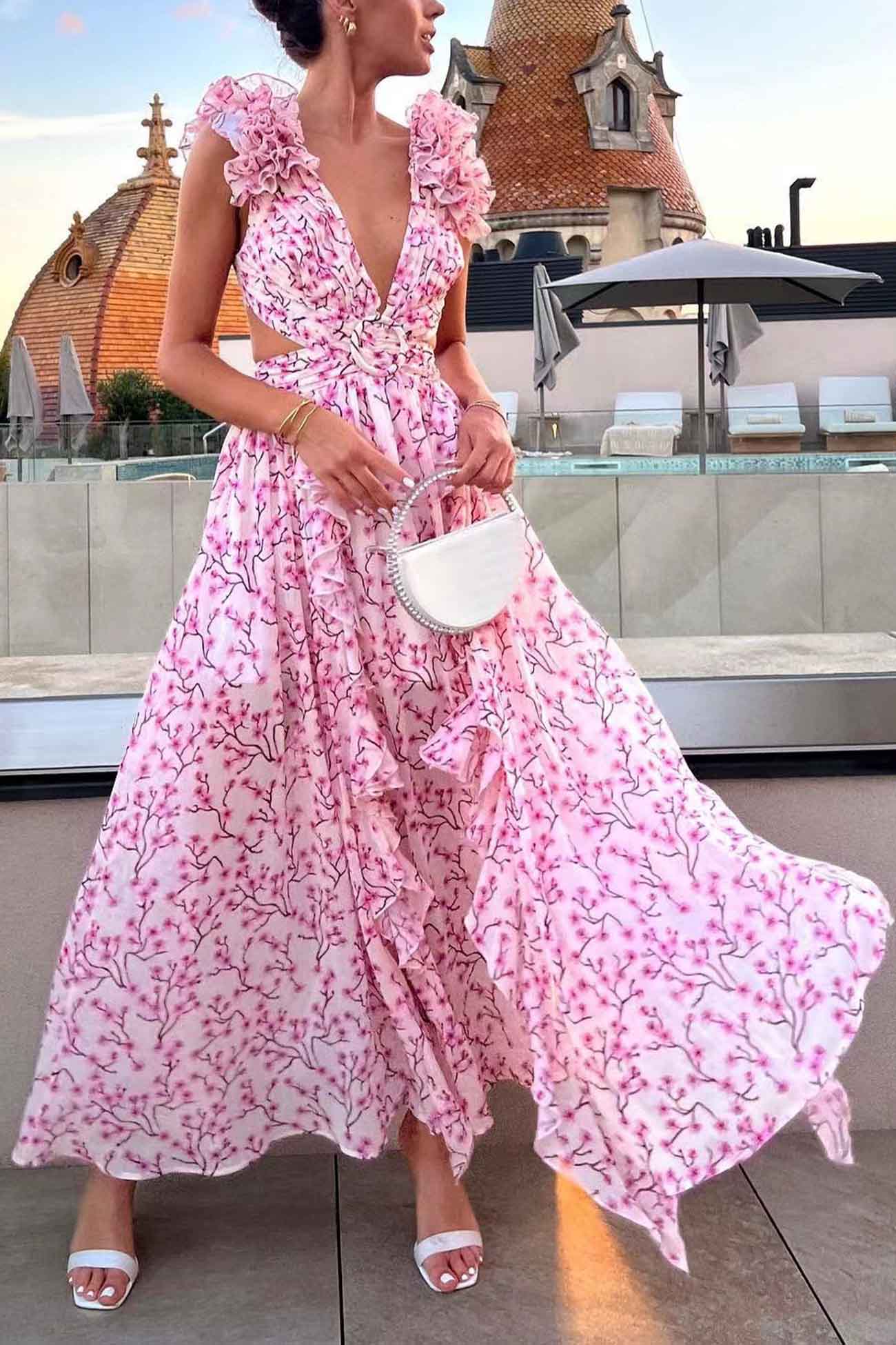 Variant image for Women's Maxi Dress Pink Size M Rayon Blend Floral Ruffle-3
