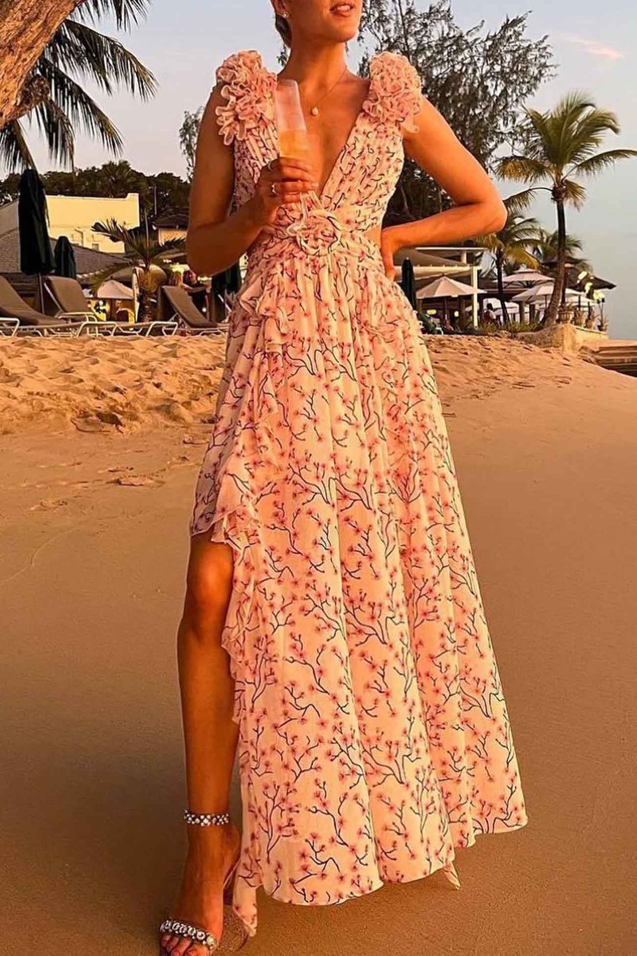 Variant image for Women's Maxi Dress Pink Size M Rayon Blend Floral Ruffle-2