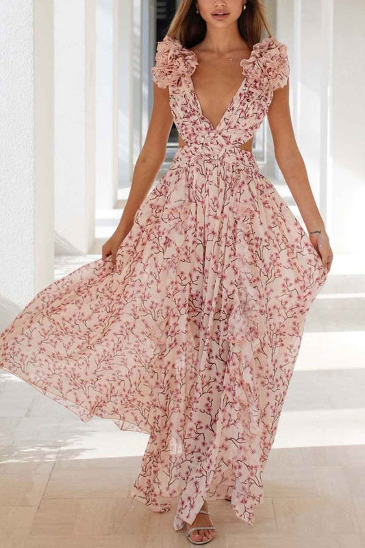 Women's Maxi Dress Pink Size M Rayon Blend Floral Ruffle-1