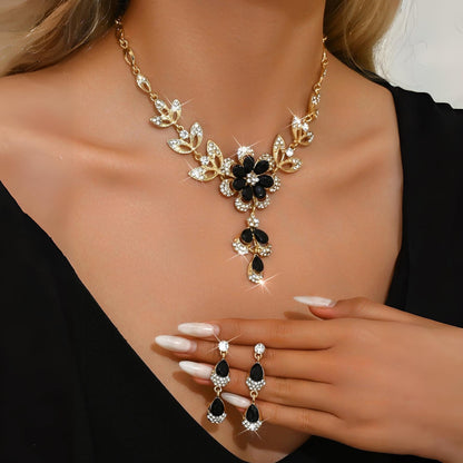 Floral Black and Gold Diamond Necklace and Earring Set – Elegant Jewelry Collection 1