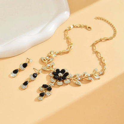 Floral Black and Gold Diamond Necklace and Earring Set – Elegant Jewelry Collection 4