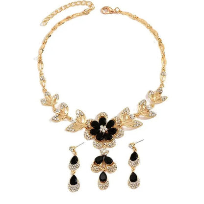 Floral Black and Gold Diamond Necklace and Earring Set – Elegant Jewelry Collection 7
