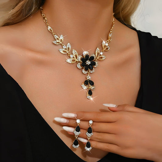 Floral Black and Gold Necklace and Earring Set – Elegant Jewelry Set with Diamond Accents for Women