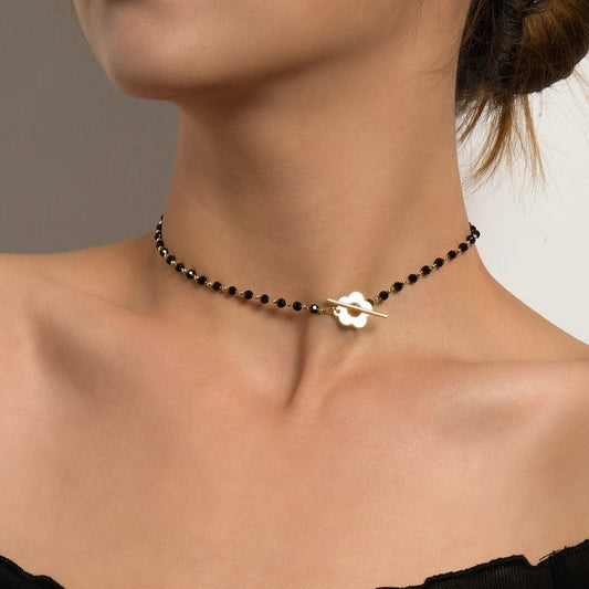 Floral Choker Necklace for Women – Stainless Steel and Zinc Alloy Design with Flower Clasp, 36cm Elegant Collar Style 1