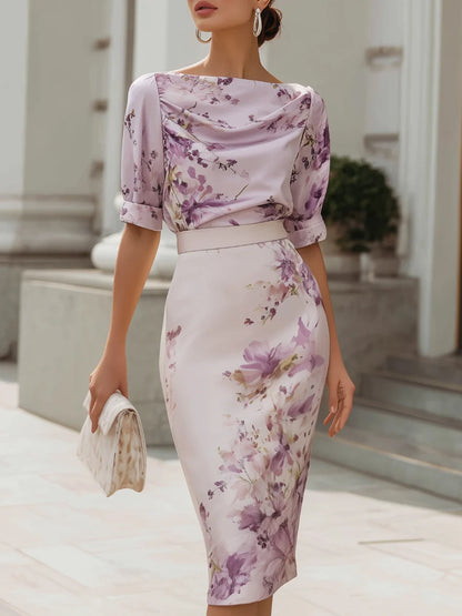 Women's Floral Cowl-Neck Pencil Midi Dress in Lavender – product view | Hensley London