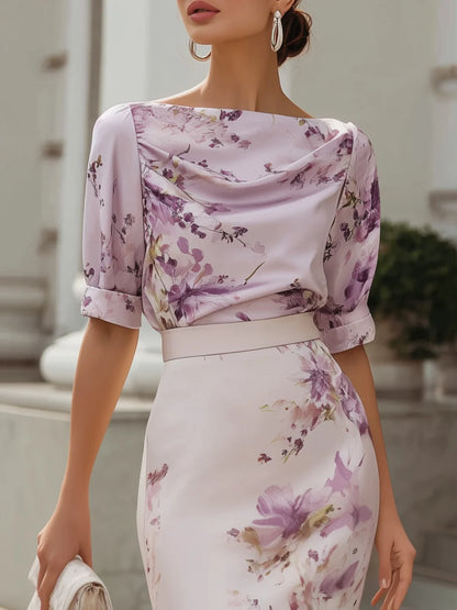Women's Floral Cowl-Neck Pencil Midi Dress – additional product view | Hensley London