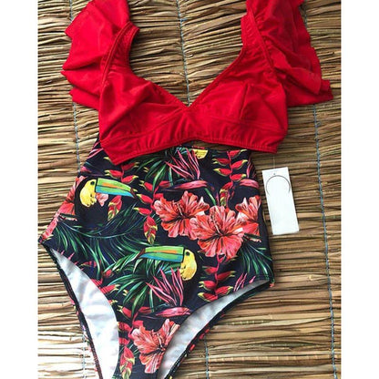 Fiona Women's Bikini Swimsuit | Floral Ruffled V-Neck, High-Waisted
