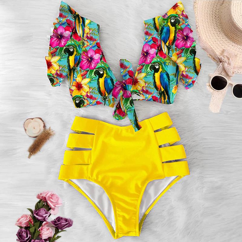 Fiona Women's Bikini Swimsuit | Floral Ruffled V-Neck, High-Waisted - Image 12