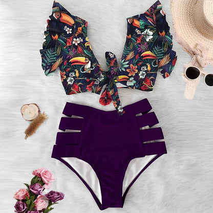 Fiona Women's Bikini Swimsuit | Floral Ruffled V-Neck, High-Waisted - Image 16