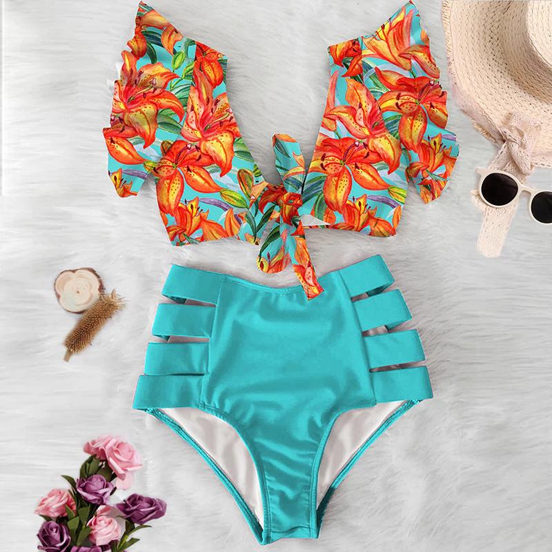 Fiona Women's Bikini Swimsuit | Floral Ruffled V-Neck, High-Waisted - Image 17