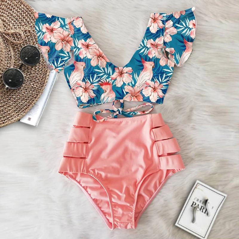 Fiona Women's Bikini Swimsuit | Floral Ruffled V-Neck, High-Waisted - Image 28