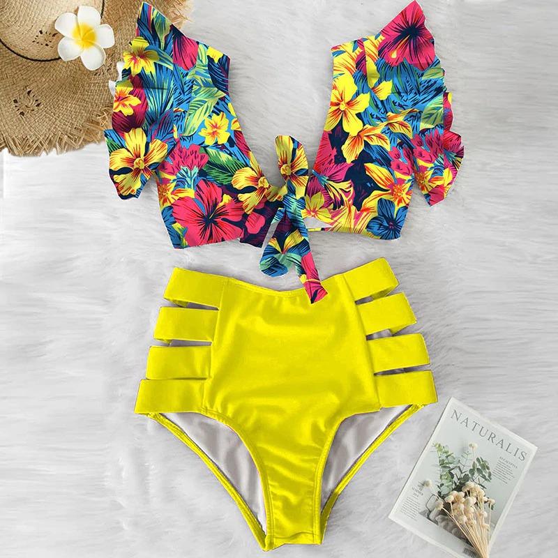 Fiona Women's Bikini Swimsuit | Floral Ruffled V-Neck, High-Waisted - Image 4