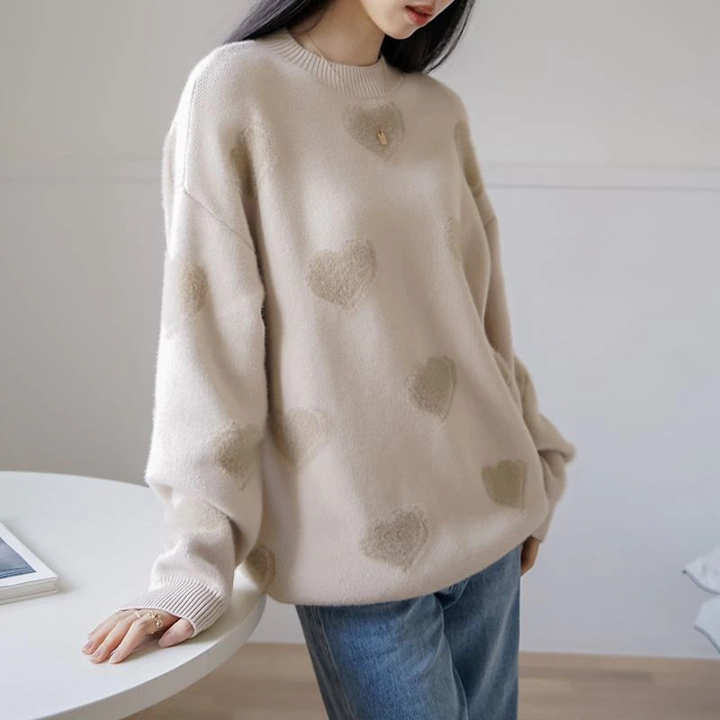 Fluffy Love Heart Pattern Knitted Loose Fit Sweaters 0