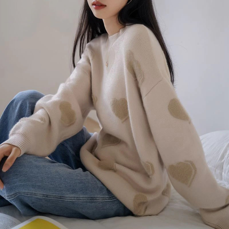Fluffy Love Heart Pattern Knitted Loose Fit Sweaters 1