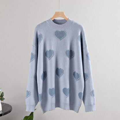 Fluffy Love Heart Pattern Knitted Loose Fit Sweaters 10