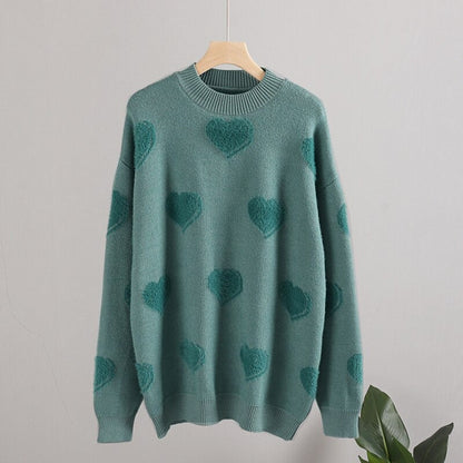 Fluffy Love Heart Pattern Knitted Loose Fit Sweaters 11