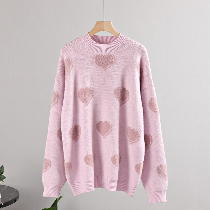 Fluffy Love Heart Pattern Knitted Loose Fit Sweaters 12