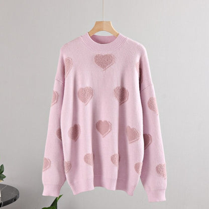 Fluffy Love Heart Pattern Knitted Loose Fit Sweaters 12
