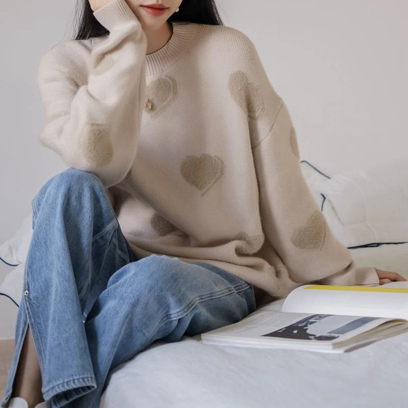 Fluffy Love Heart Pattern Knitted Loose Fit Sweaters 2