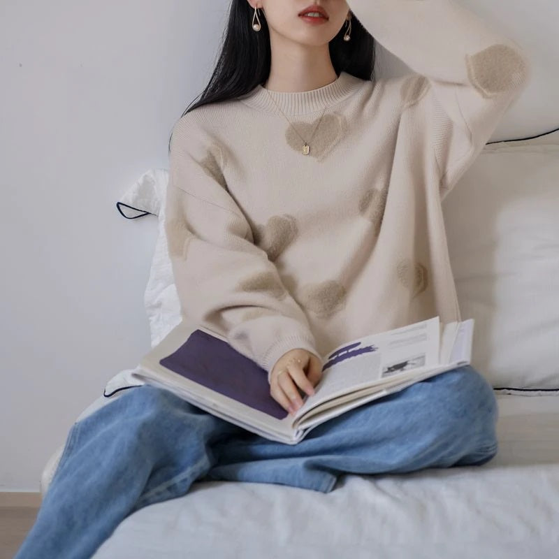 Fluffy Love Heart Pattern Knitted Loose Fit Sweaters 3