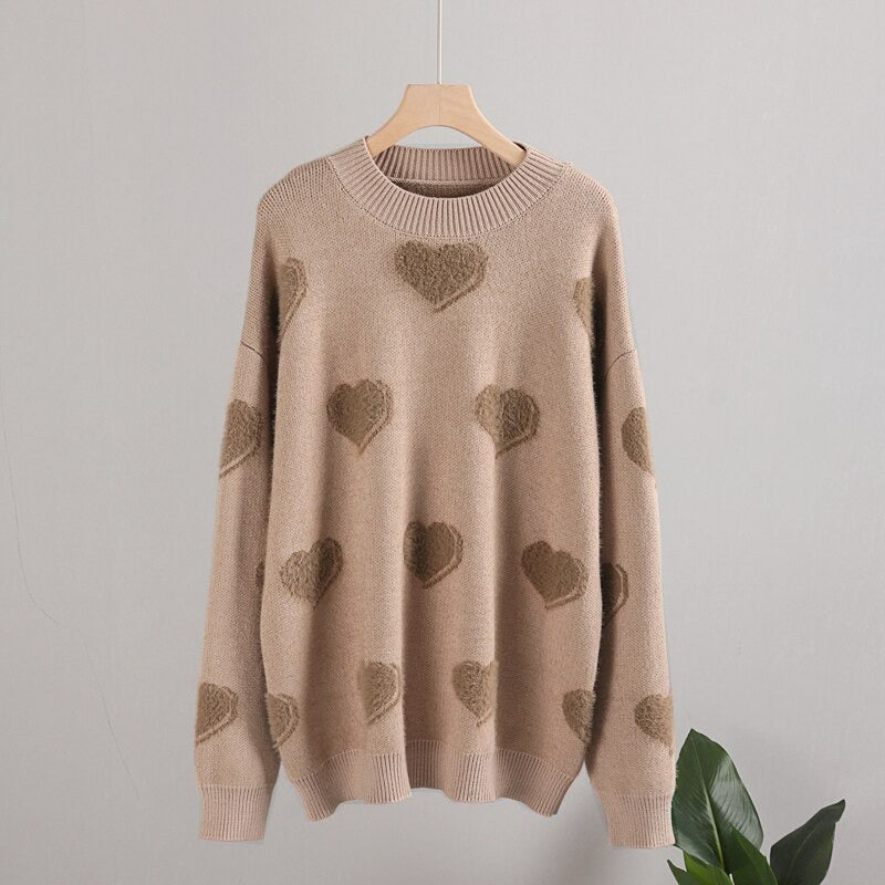 Fluffy Love Heart Pattern Knitted Loose Fit Sweaters 9