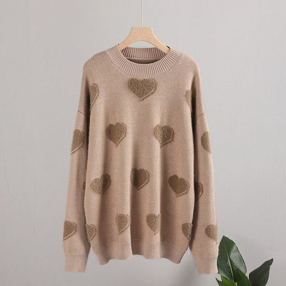 Fluffy Love Heart Pattern Knitted Loose Fit Sweaters 9