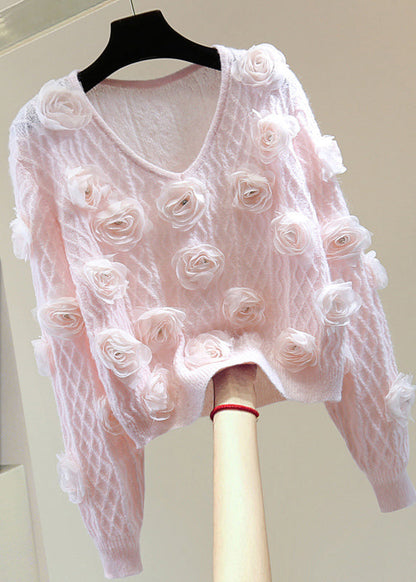 Women's Sweater French Blue Floral Cotton Knit - 3