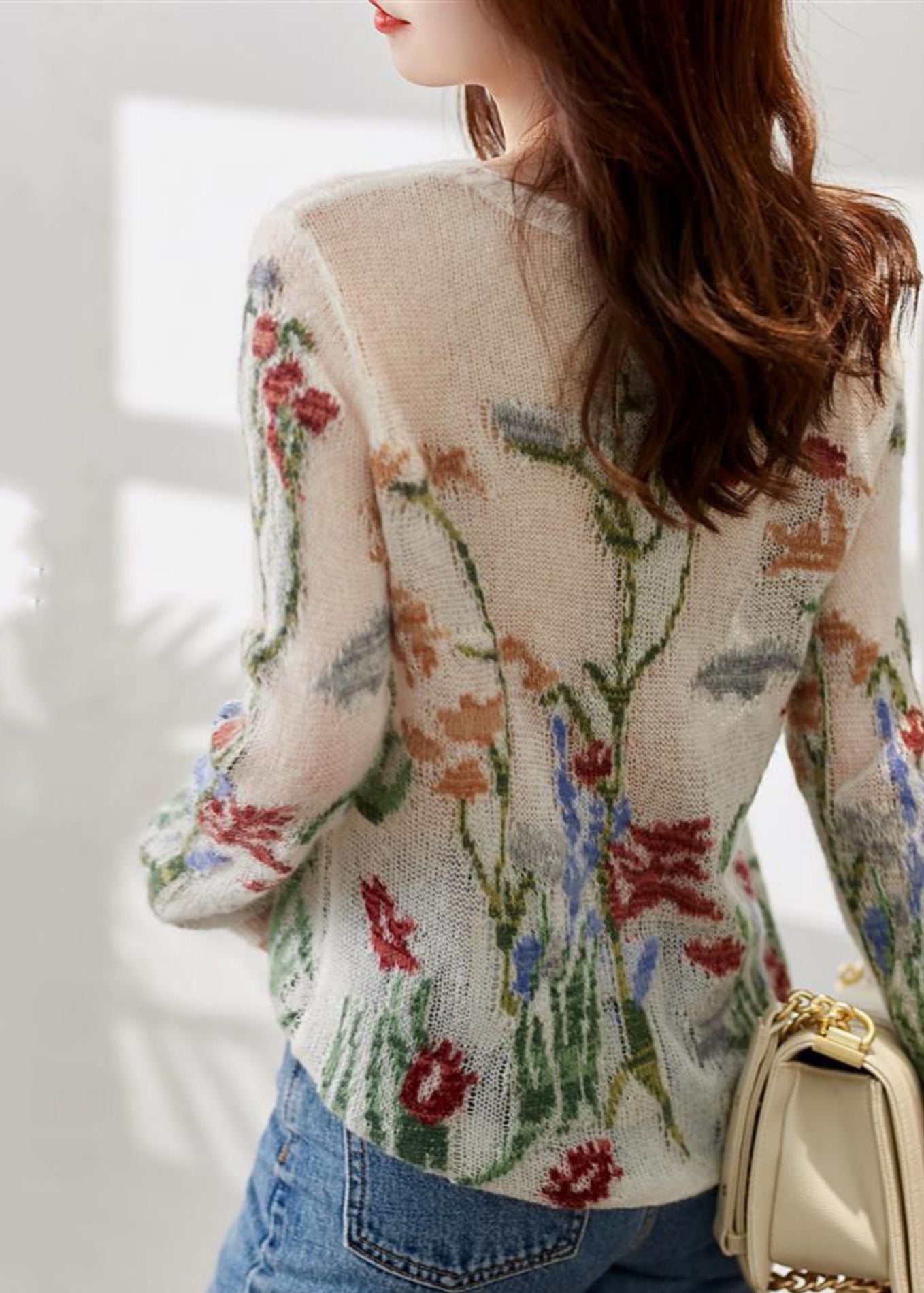 Women's Knit Sweater Floral O-Neck Spring Size M Soft Blend - 5