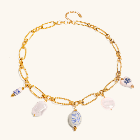Freshwater Pearl Necklace with Gold Chain and Blue Accents – Waterproof, Hypoallergenic, 18-Inch Length 0