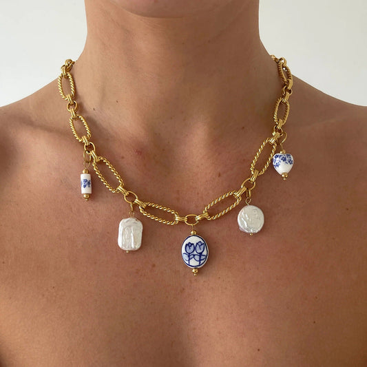 Freshwater Pearl Necklace with Gold Chain and Blue Accents – Waterproof, Hypoallergenic, 18-Inch Length 1