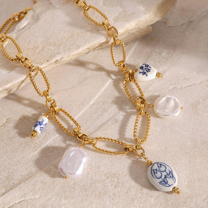 Freshwater Pearl Necklace with Gold Chain and Blue Accents – Waterproof, Hypoallergenic, 18-Inch Length 2