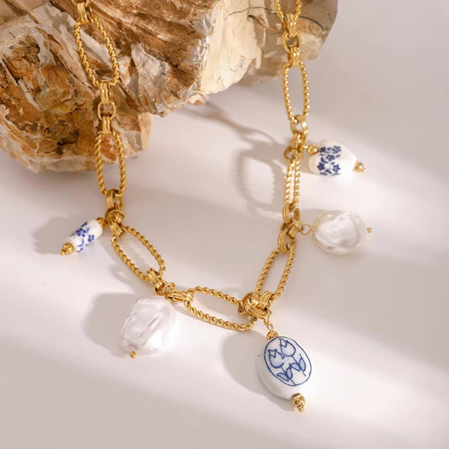 Freshwater Pearl Necklace with Gold Chain and Blue Accents – Waterproof, Hypoallergenic, 18-Inch Length 3