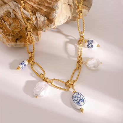 Freshwater Pearl Necklace with Gold Chain and Blue Accents – Waterproof, Hypoallergenic, 18-Inch Length 3