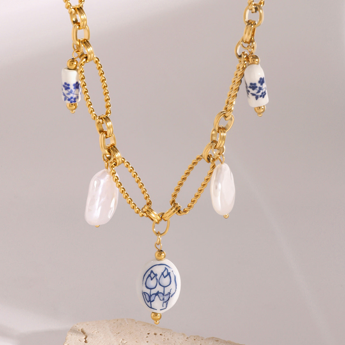 Freshwater Pearl Necklace with Gold Chain and Blue Accents – Waterproof, Hypoallergenic, 18-Inch Length 4