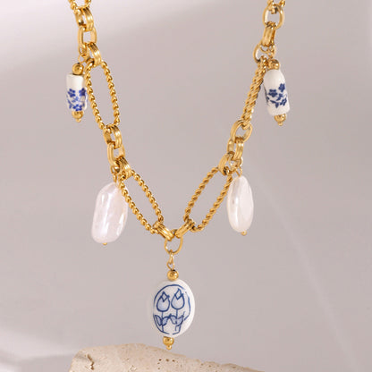 Freshwater Pearl Necklace with Gold Chain and Blue Accents – Waterproof, Hypoallergenic, 18-Inch Length 4