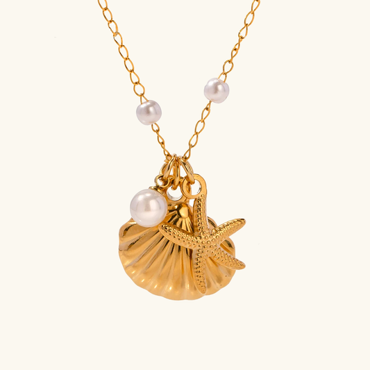 Freshwater Pearl Necklace with Sea Shell and Starfish Pendants – 18k Gold-Plated Coastal Jewelry for Women 0