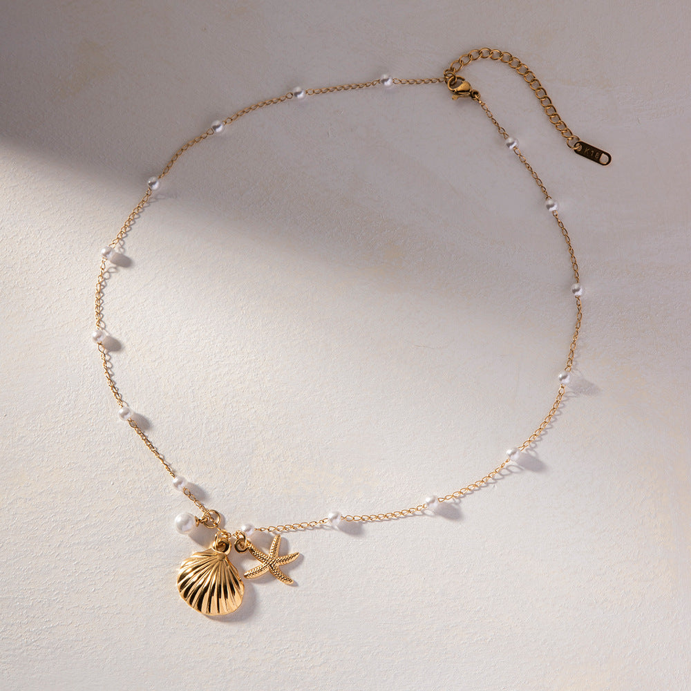 Freshwater Pearl Necklace with Sea Shell and Starfish Pendants – 18k Gold-Plated Coastal Jewelry for Women 2