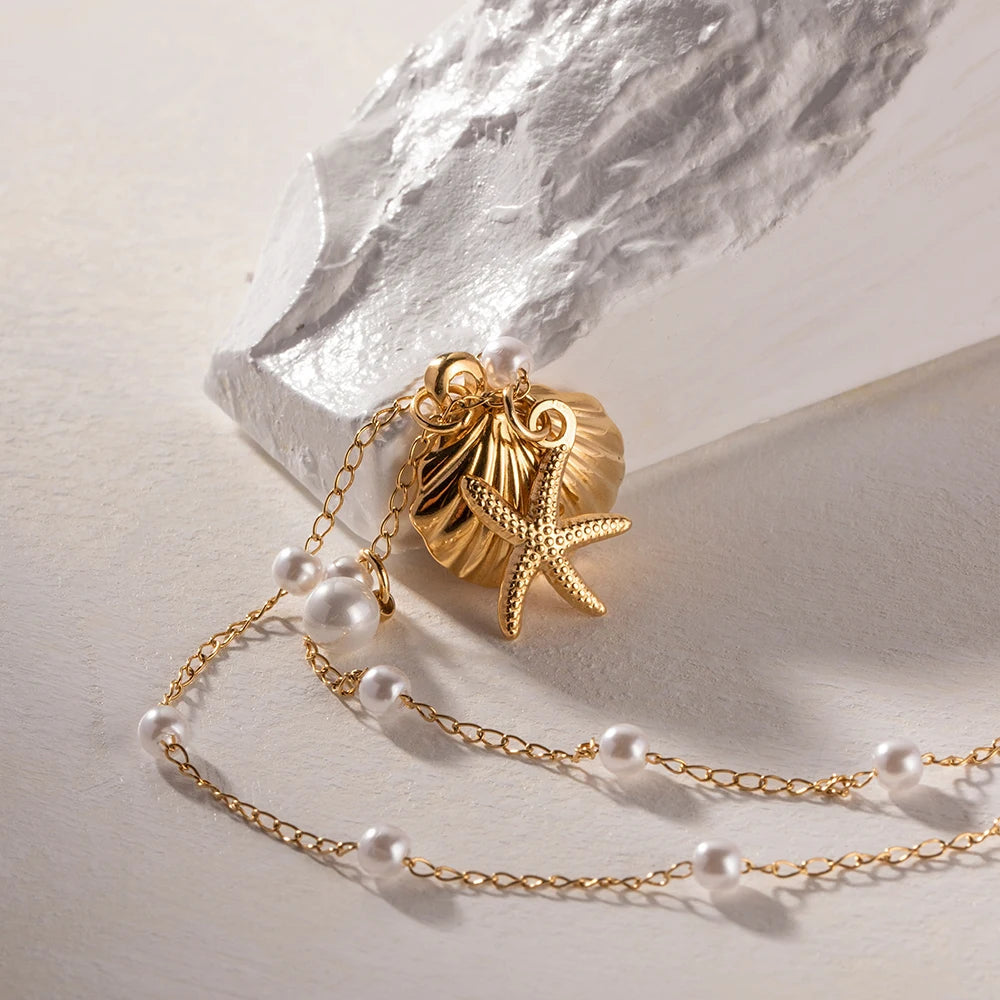 Freshwater Pearl Necklace with Sea Shell and Starfish Pendants – 18k Gold-Plated Coastal Jewelry for Women 3