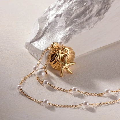Freshwater Pearl Necklace with Sea Shell and Starfish Pendants – 18k Gold-Plated Coastal Jewelry for Women 3