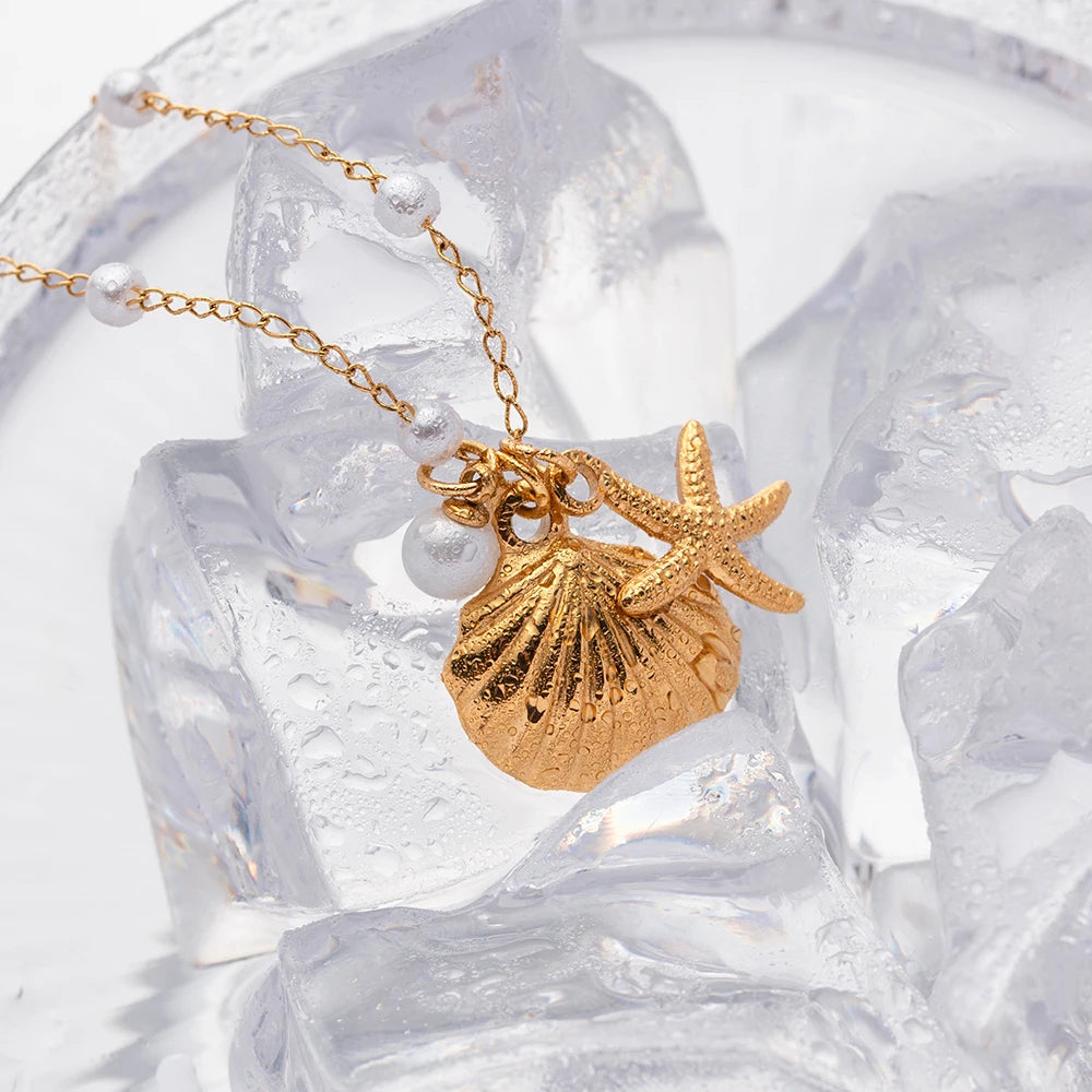 Freshwater Pearl Necklace with Sea Shell and Starfish Pendants – 18k Gold-Plated Coastal Jewelry for Women 6