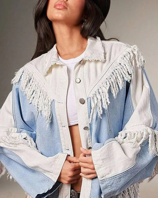 Fiona Women's Denim Jacket | Loose Fit, Patchwork & Tassels 1