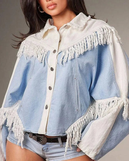 Fiona Women's Denim Jacket | Loose Fit, Patchwork & Tassels 3